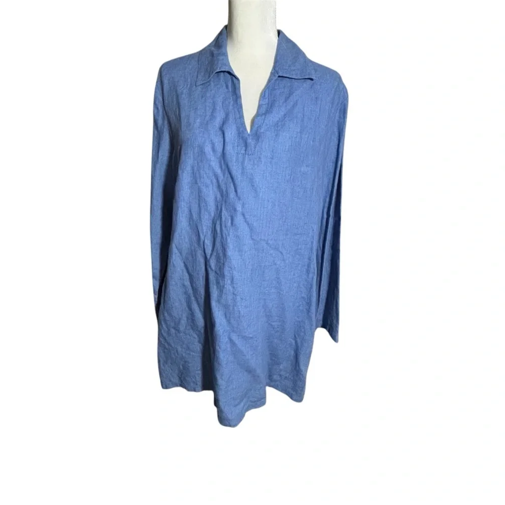 Kate Hill Chambray Blue Linen Long Sleeve V Neck Tunic with Side Slit Sz Large - Picture 1 of 6